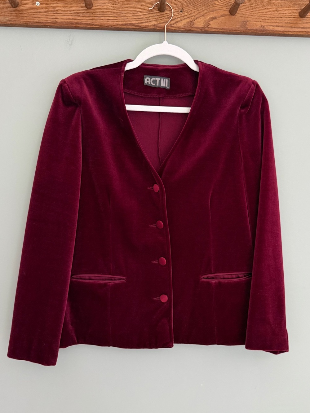 Vintage 80s Act III Burgundy Wine Velvet 4 Button Collarless Blazer Union Made